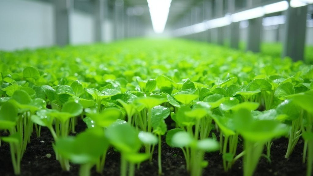 Professional close-up photograph of fresh microgreens growing in pristine white commercial trays under bright LED grow lights, with multiple rows extending into the distance, creating a sense of scale and abundance. The vibrant green shoots stand in perfect, uniform rows against black growing medium, while stainless steel shelving units and clean white walls suggest a modern indoor farming operation. Natural water droplets glisten on the tender leaves, highlighting their quality and freshness. The composition should be shot at a slight angle to show depth, with careful attention to lighting that emphasizes both the technological precision and organic beauty of the growing environment.