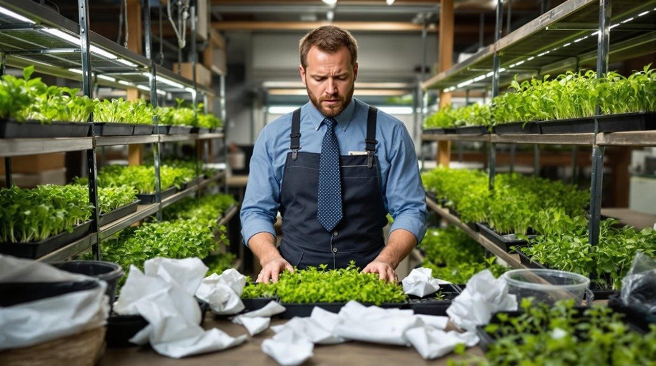 Businessman trying to harvest microgreens
