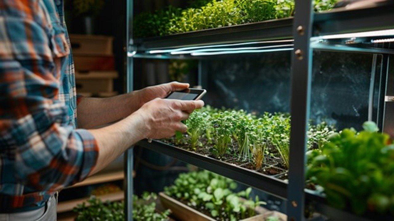 Professional farmer examining vibrant microgreens growing on multiple stacked shelves, checking plant health, digital tablet in hand, sustainable grow lights overhead, organized workspace with irrigation system.