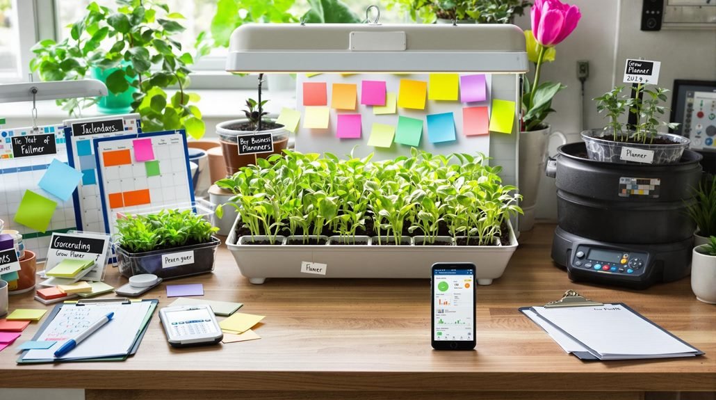 An organized desk with sticky notes on a board and a tray of microgreens sitting on it.