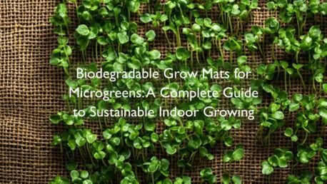 Overhead shot of vibrant microgreens growing on a natural brown hemp grow mat, showcasing multiple rows of emerald-green shoots against the textured, biodegradable surface.