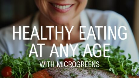 Woman holding dish of fruits, microgreens, vegetables, and salmon