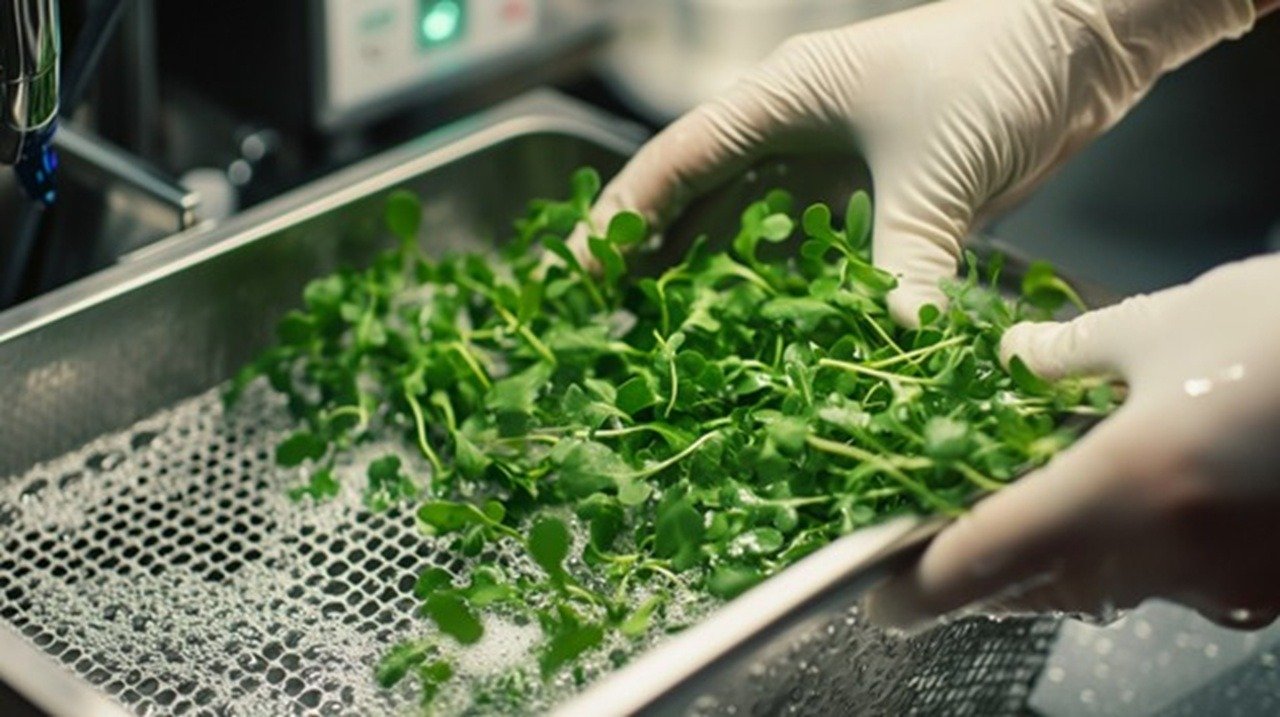Gloved hands delicately swirl baby arugula microgreens in a stainless steel commercial sink filled with crystal-clear water.