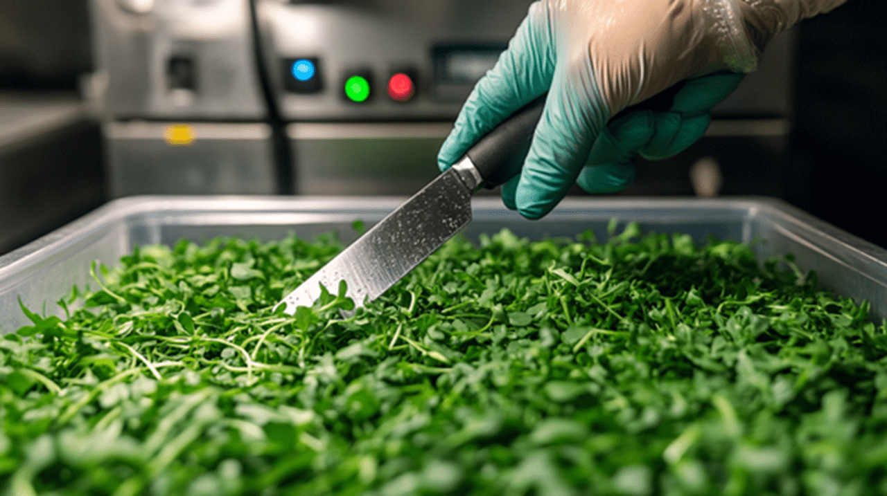 A stainless steel processing table bathed in bright LED light shows freshly harvested microgreens being carefully sorted.