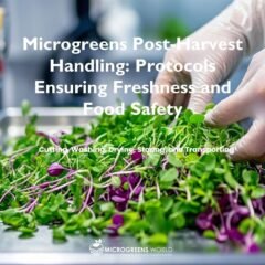 A close-up shot captures gloved hands delicately harvesting vibrant microgreens against a stainless steel preparation surface.