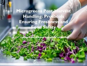 A close-up shot captures gloved hands delicately harvesting vibrant microgreens against a stainless steel preparation surface.