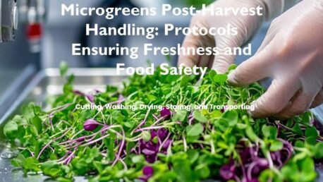 A close-up shot captures gloved hands delicately harvesting vibrant microgreens against a stainless steel preparation surface.
