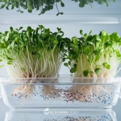 Photograph of vibrant microgreens growing in a clear hydroponic container, with fine plastic particles visible in the growing medium