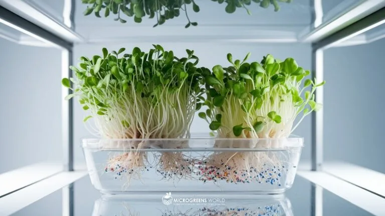 Photograph of vibrant microgreens growing in a clear hydroponic container, with fine plastic particles visible in the growing medium