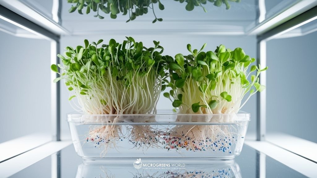 Photograph of vibrant microgreens growing in a clear hydroponic container, with fine plastic particles visible in the growing medium