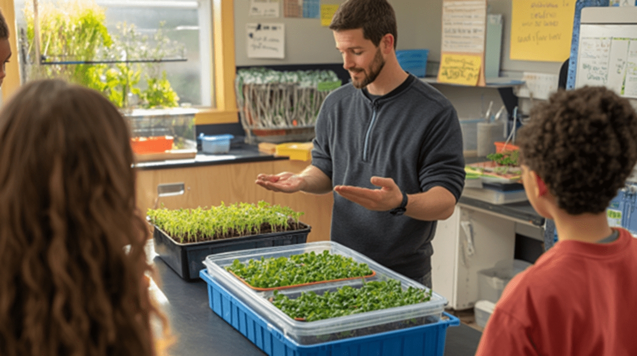 An elementary school teacher talking with students about growing microgreens