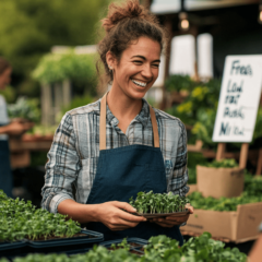 A professional microgreens grower at a farmers’ market booth, engaging with customers. The stand is neatly organized with trays of vibrant microgreens labeled for sale. The grower is smiling, wearing a clean apron, and holding a small container of microgreens while explaining the product.