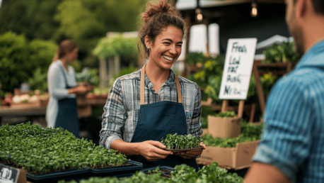 A professional microgreens grower at a farmers’ market booth, engaging with customers. The stand is neatly organized with trays of vibrant microgreens labeled for sale. The grower is smiling, wearing a clean apron, and holding a small container of microgreens while explaining the product.