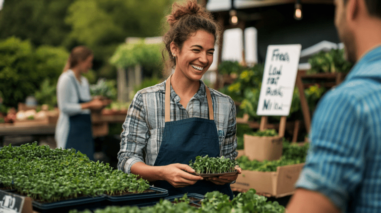 A professional microgreens grower at a farmers’ market booth, engaging with customers. The stand is neatly organized with trays of vibrant microgreens labeled for sale. The grower is smiling, wearing a clean apron, and holding a small container of microgreens while explaining the product.