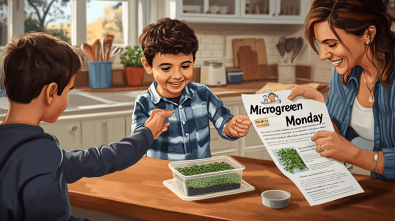 A mom and her two boys discussion microgreens growing at home