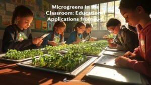 Several middle school children in a classroom growing microgreens