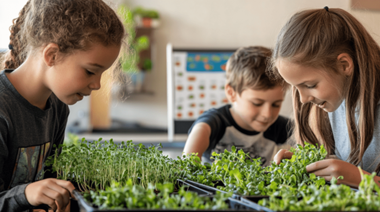 Elementary schol children examining microgreens
