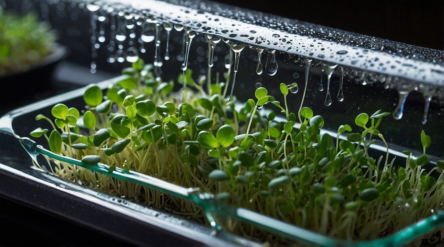 A vibrant microgreen plant, its delicate stems and leaves magnified to show translucent plastic particles embedded within the cellular structure.