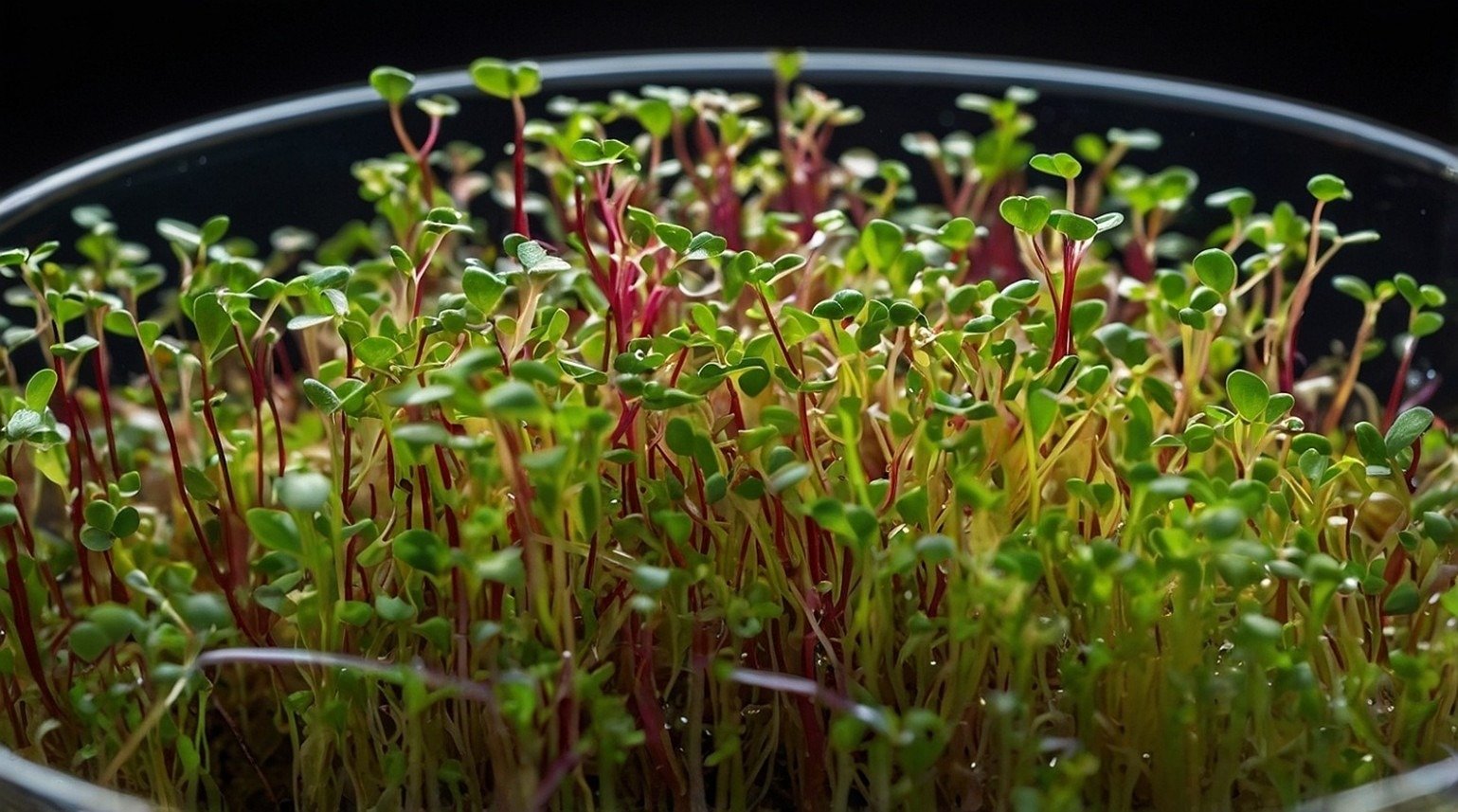 A close-up macro photograph of vibrant microgreen seedlings growing in soil contaminated with colorful microplastic particles. The image captures delicate root systems intertwining with barely visible nanoplastic fragments under natural lighting.