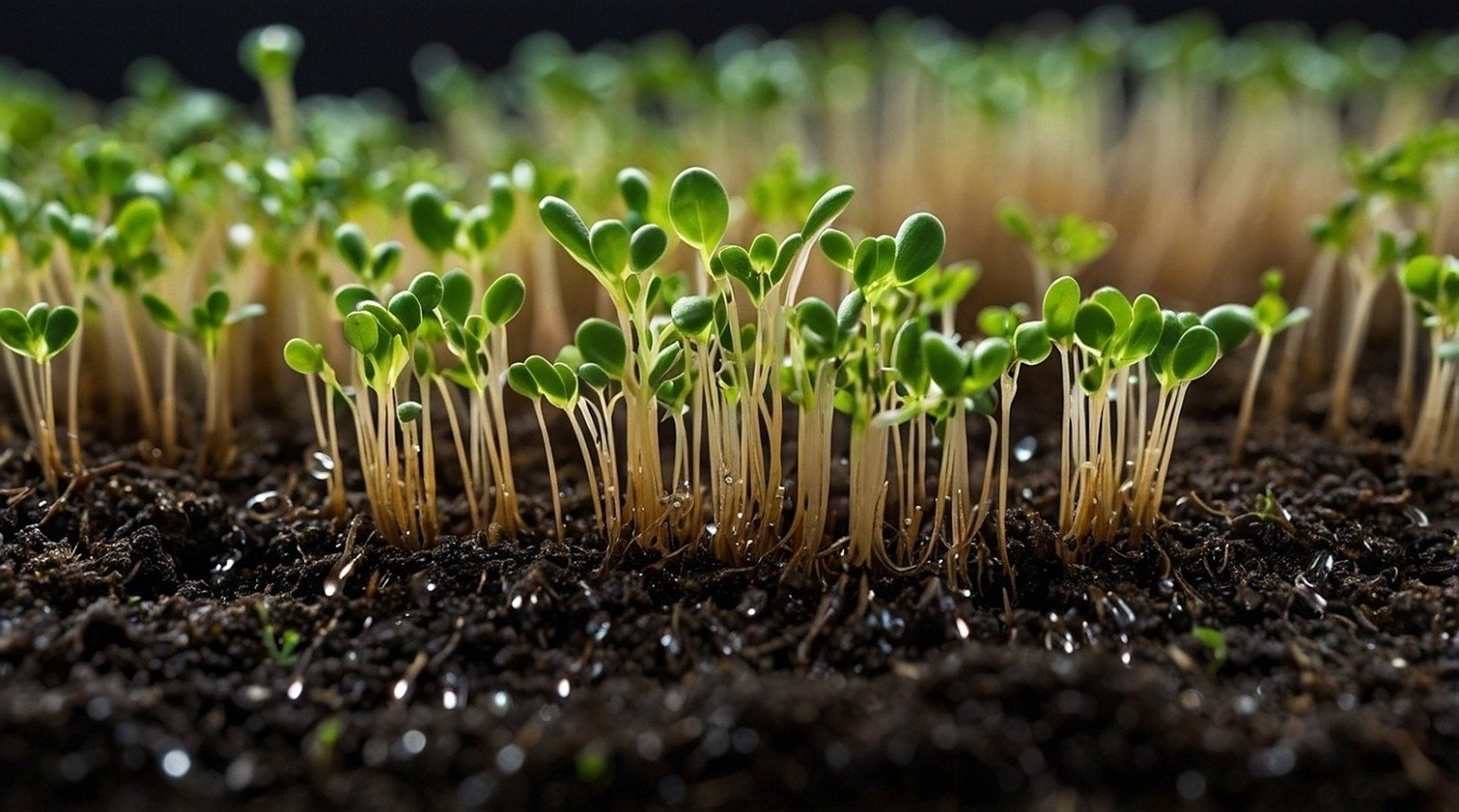a close-up photograph of microgreen seedlings emerging from soil, with nearly invisible nanoplastic particles subtly glistening on their roots and stems.