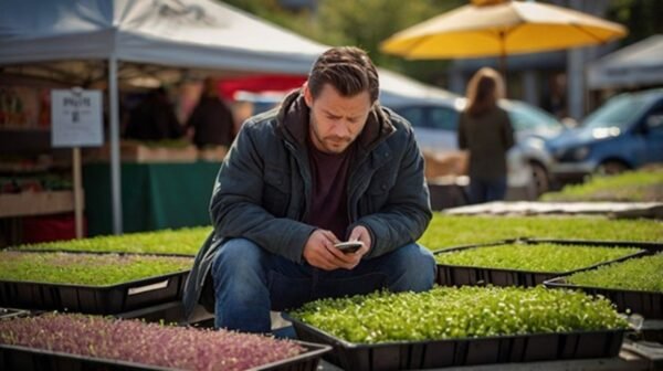A microgreens grower at a farmers’ market booth looking discouraged, checking a nearly empty cash box. Several trays of unsold microgreens sit on the table. In the background, another vendor appears to be selling out, creating contrast and emphasizing frustration
