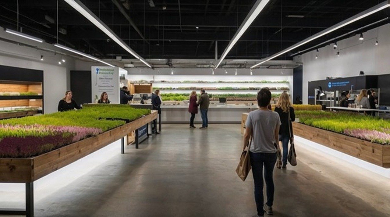 A microgreens entrepreneur at a crossroads with two paths clearly visible.