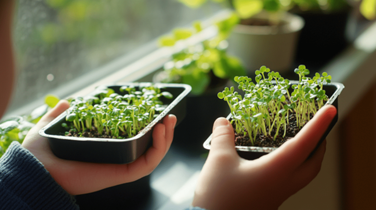 Child holding two small trays of microgreens