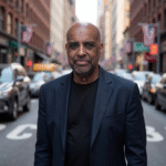 D. Andrew Neves standing in a busy street, facing the camera