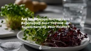 A close-up photograph capturing vibrant cruciferous microgreens (broccoli, kale, and radish sprouts) arranged on a white ceramic plate beside a medical illustration of the thyroid gland.
