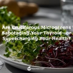 A close-up photograph capturing vibrant cruciferous microgreens (broccoli, kale, and radish sprouts) arranged on a white ceramic plate beside a medical illustration of the thyroid gland.
