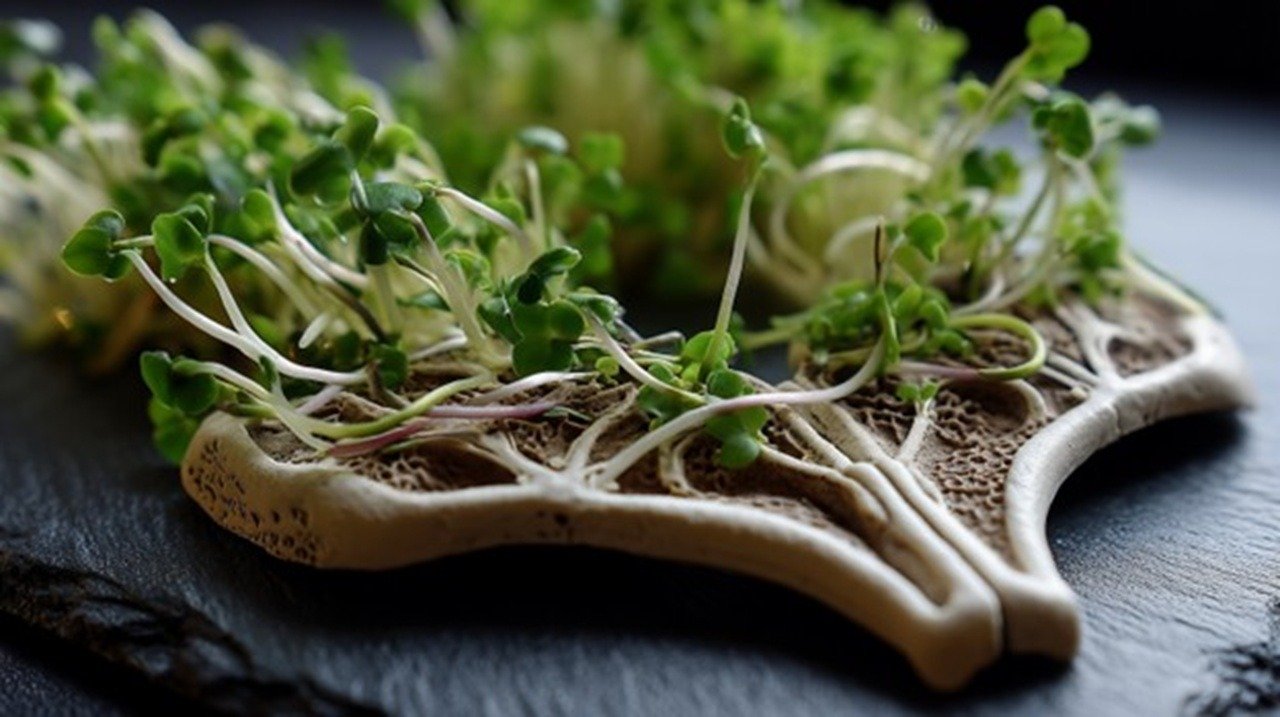 A close-up of vibrant cruciferous microgreens (broccoli, kale, radish) arranged in a crescent shape on a black slate surface, surrounding an anatomical model of a human thyroid gland.