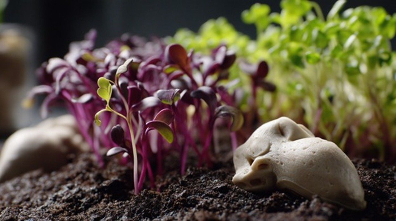 A close-up shot of vibrant purple, green, and red microgreens sprouting from dark soil. In the foreground, broccoli and kale microgreens display their tiny cotyledon leaves.