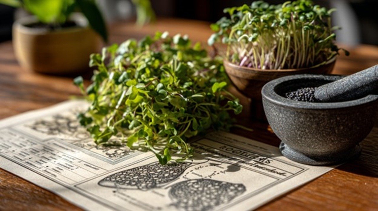 A close-up of vibrant microgreens—broccoli, kale, and radish sprouts—arranged beside a medical illustration of the thyroid gland on a wooden table. A small mortar and pestle contains crushed supplements.