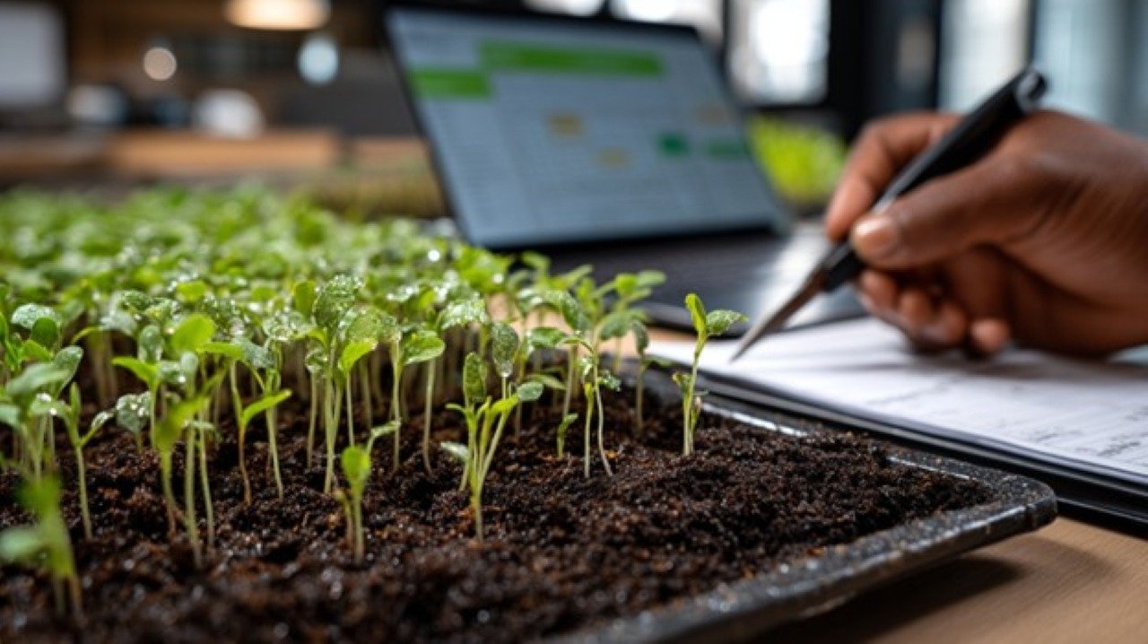 A close-up photograph of microgreens sprouting from rich, dark soil in neat rows across a small-scale indoor growing operation.