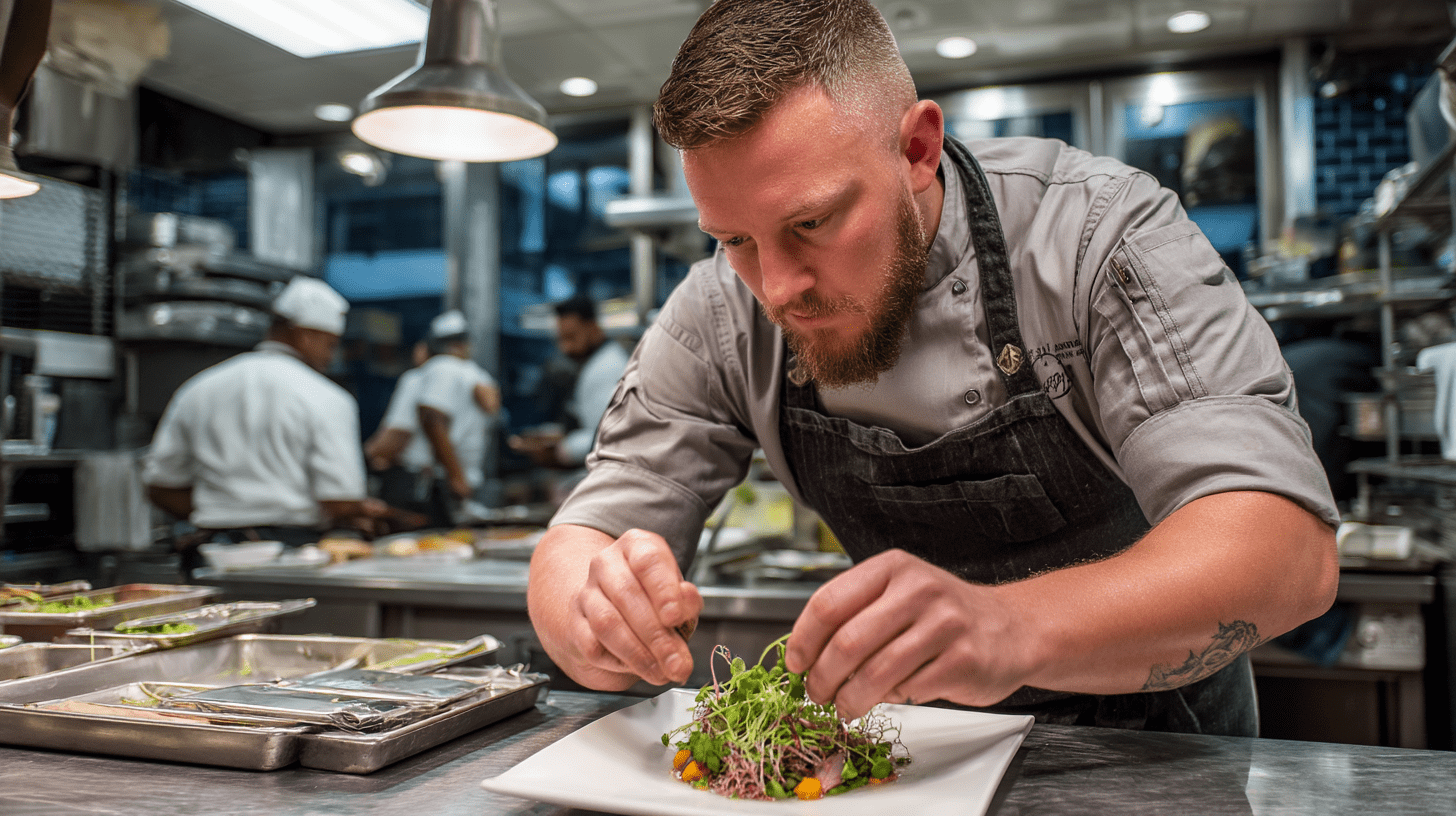 A chef garnishing a meal with microgreens