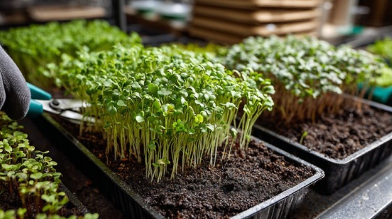 A close-up shot of microgreens sprouting from rich, dark soil in small trays, illuminated by natural sunlight streaming through a window.