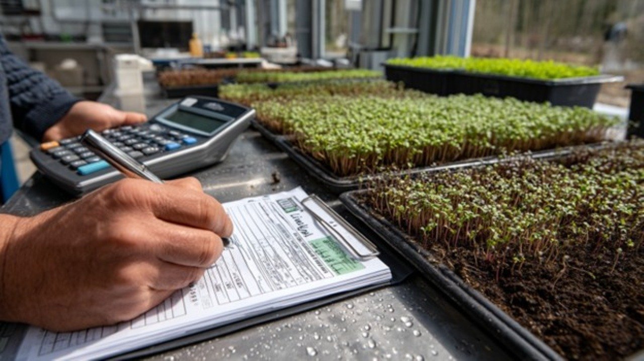 A close-up of microgreens growing densely in metal trays, their vibrant stems contrasting against dark soil. In the foreground, a hand holds a calculator while another writes figures in a ledger.