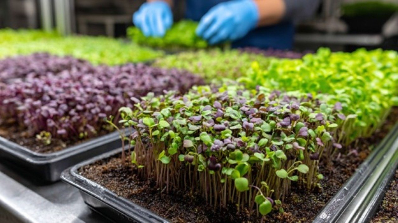 A close-up of microgreens at various growth stages under professional LED grow lights. In the foreground, vibrant purple and green sprouts emerge from soil-filled trays.