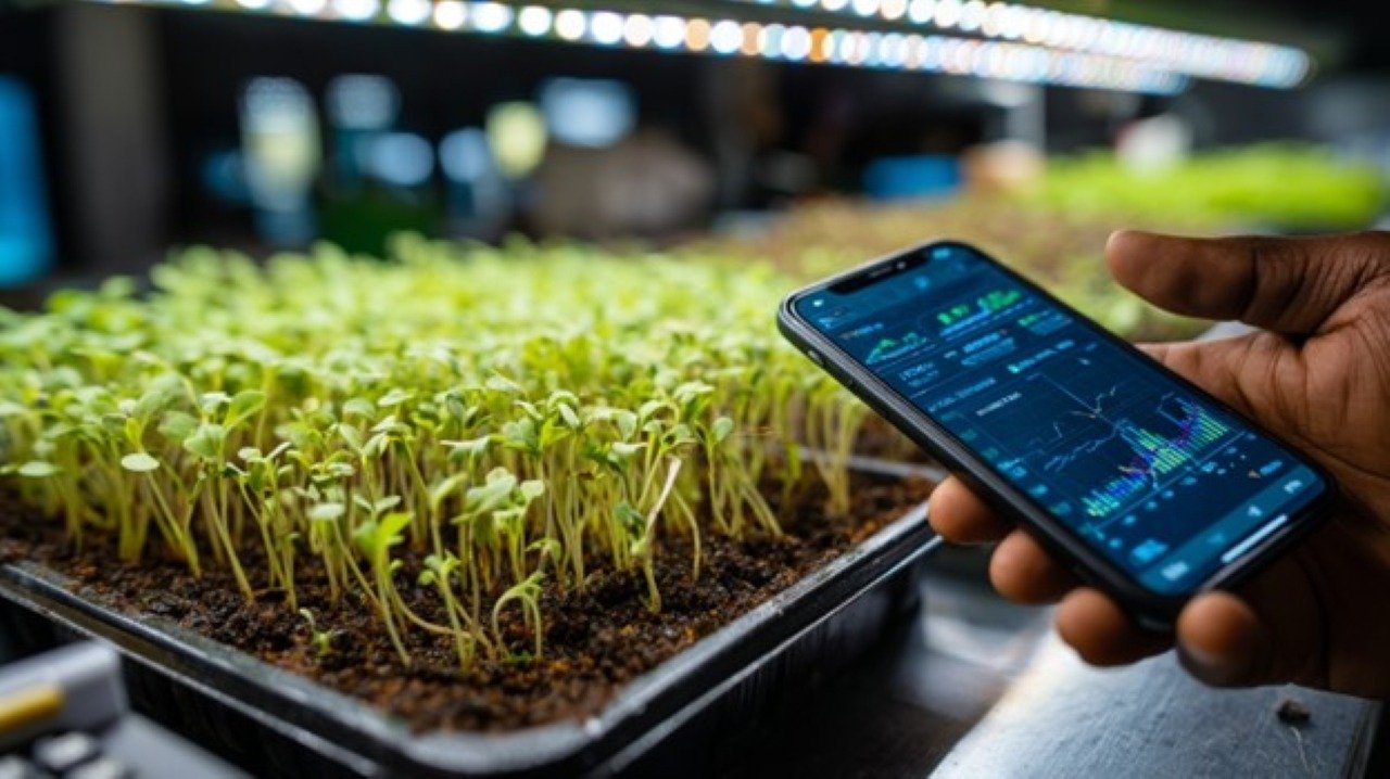 A close-up photograph of microgreens growing densely in shallow trays under bright LED lights. Their vibrant emerald shoots contrast with rich dark soil. In the foreground, a person's hand holds a smartphone displaying a profit graph trending upward.