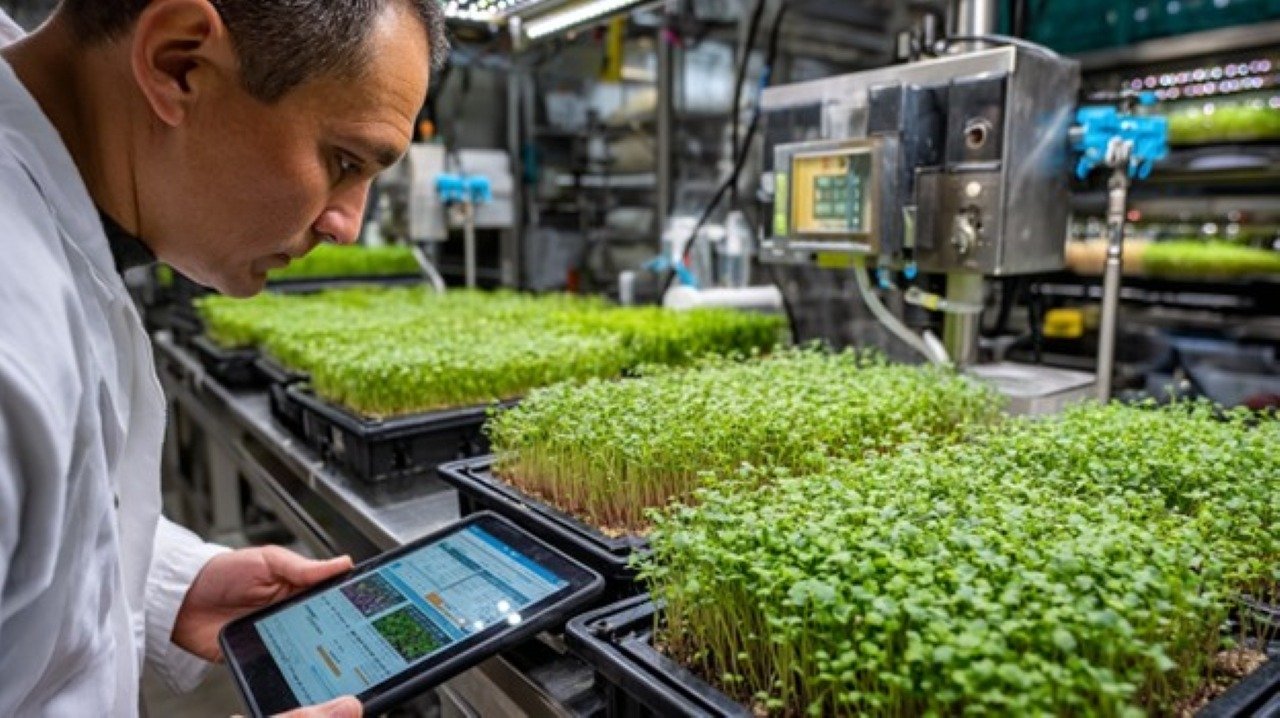 A close-up of vibrant microgreens densely growing in shallow trays under efficient LED grow lights. In the background, a person meticulously monitors water flow gauges and adjusts nutrient dispensers.
