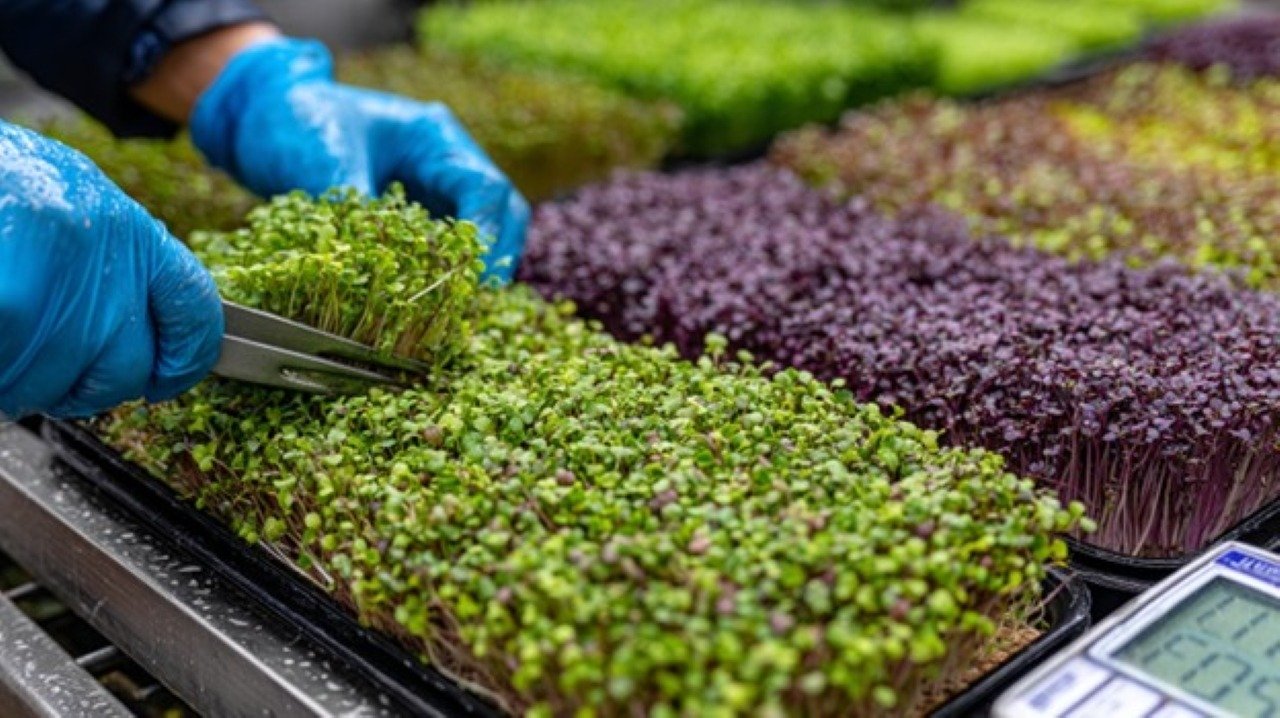 A close-up shot of microgreens harvesting, where hands wearing blue nitrile gloves carefully snip vibrant emerald sprouts. Sunlight filters through greenhouse glass, creating golden highlights on water droplets.