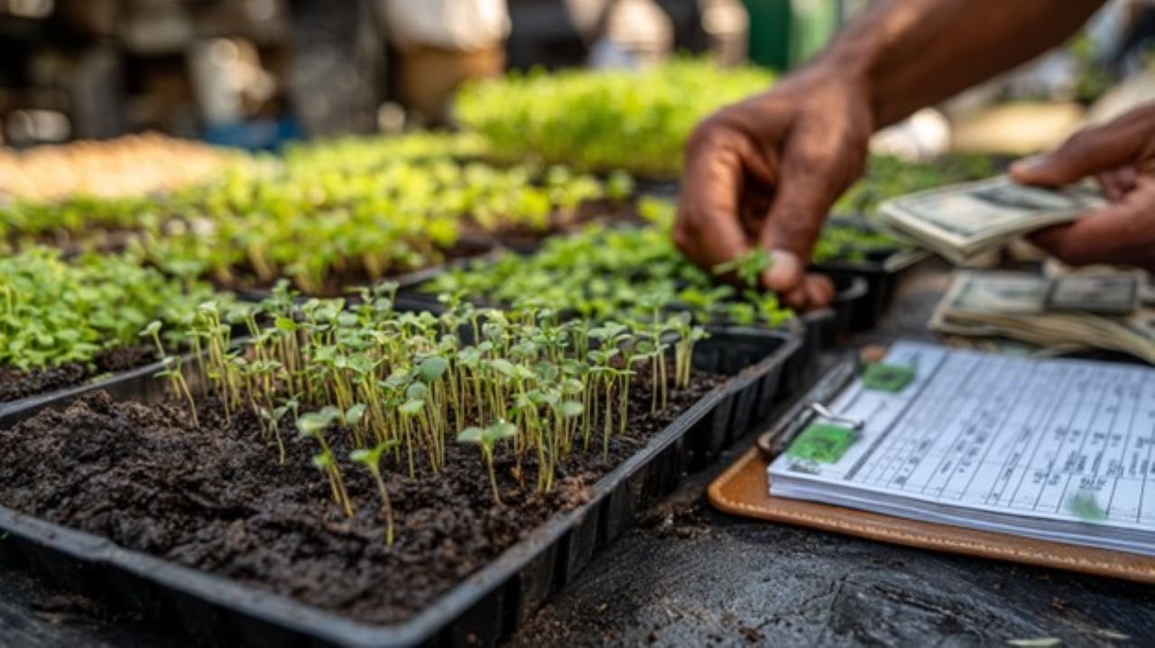 A close-up shot of microgreens growing in perfect rows, their vibrant emerald shoots contrasting against rich black soil.
