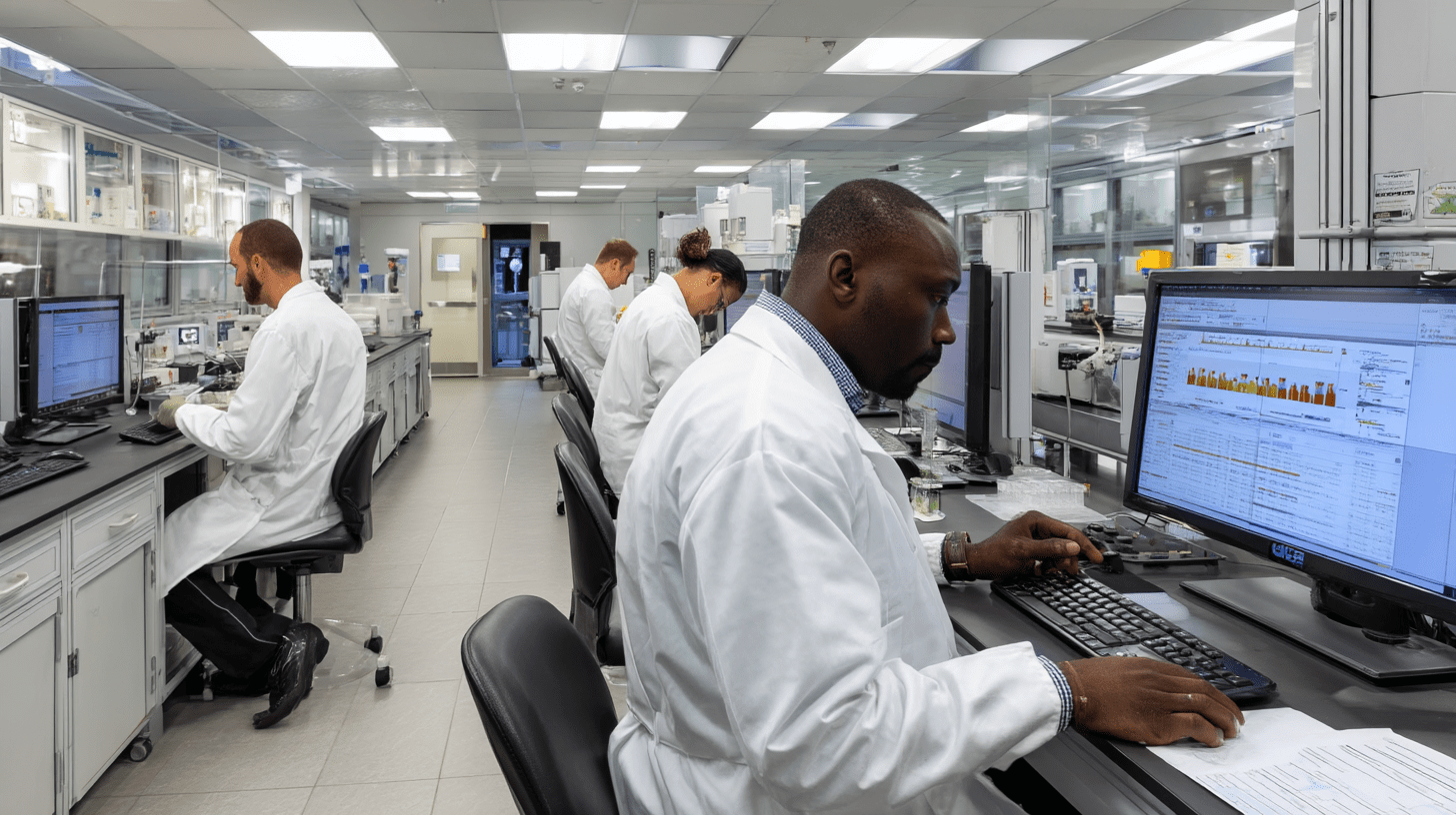 Scientists in a lab sitting at their desks conducting analyses.