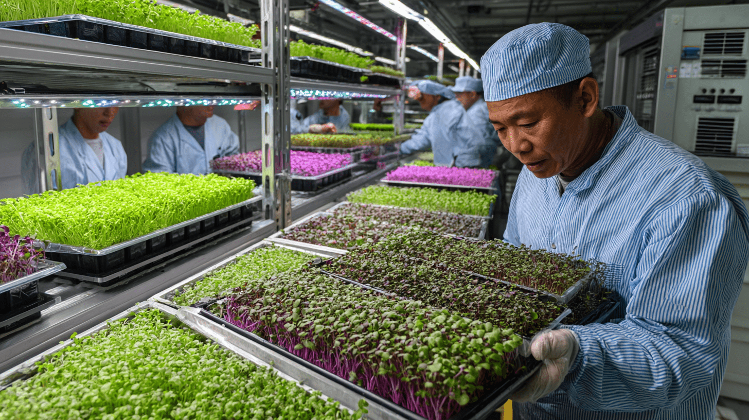 A microgreens harvester inspects a set of trays
