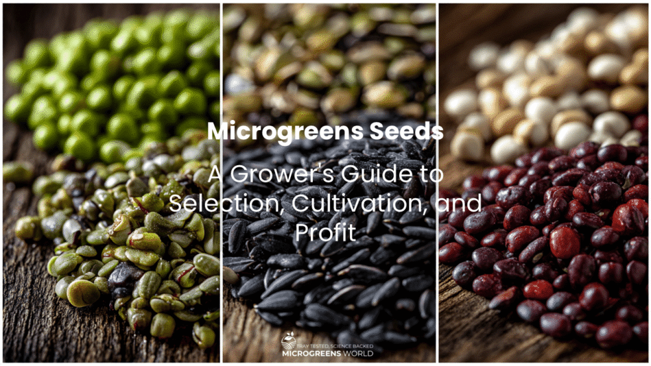 Close-up macro photography of diverse microgreens seeds arranged in organized sections on a rustic wooden surface, each variety clearly distinct - bright green broccoli seeds, dark red radish seeds, large cream-colored pea seeds, black sunflower seeds