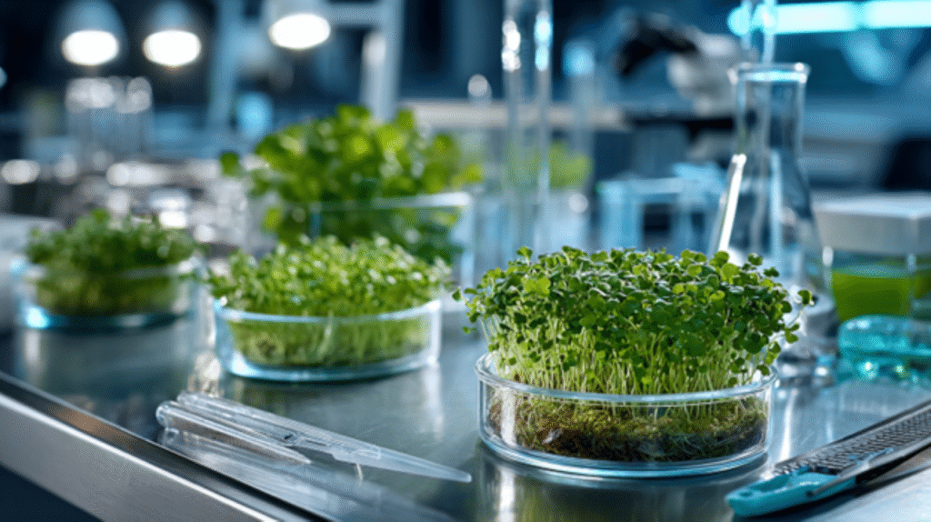 Scientific laboratory setting with fresh parsley microgreens in petri dishes and glass beakers, microscopic view of cellular structures visible through magnifying equipment