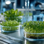Scientific laboratory setting with fresh parsley microgreens in petri dishes and glass beakers, microscopic view of cellular structures visible through magnifying equipment