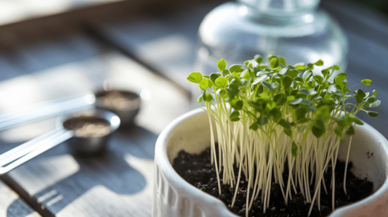 Vibrant green alfalfa microgreens sprouting from dark soil in a white ceramic planter