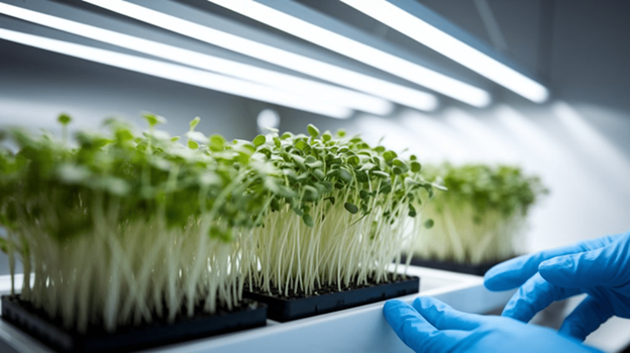 Fresh alfalfa microgreens in a pristine laboratory setting, vibrant green shoots emerging from sterile growing medium