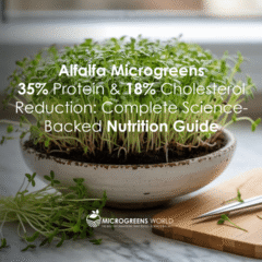 Alfalfa Microgreens in a ceramic white bowl on a kitchen counter